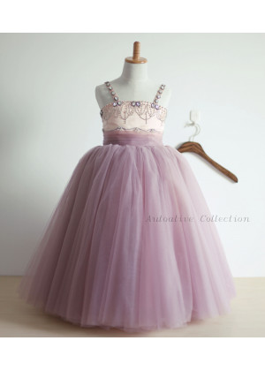 Beaded Lavender Satin Tulle Tutu Flower Girl Dress